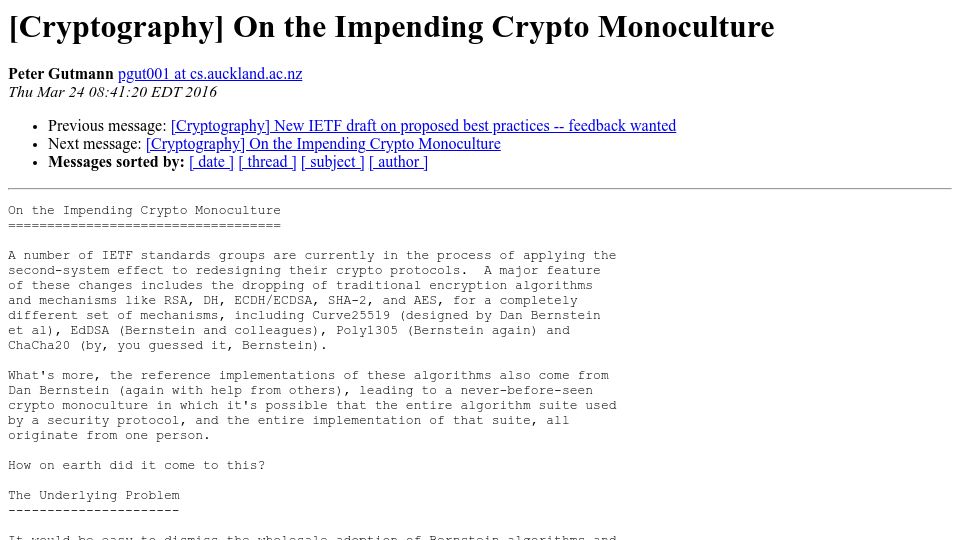 Screenshot of metzdowd.com: On the Impending Crypto Monoculture (2016)
