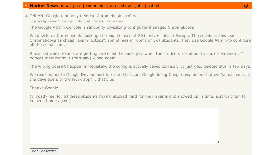 Screenshot of Hacker News post: Tell HN: Google randomly deleting Chromebook configs