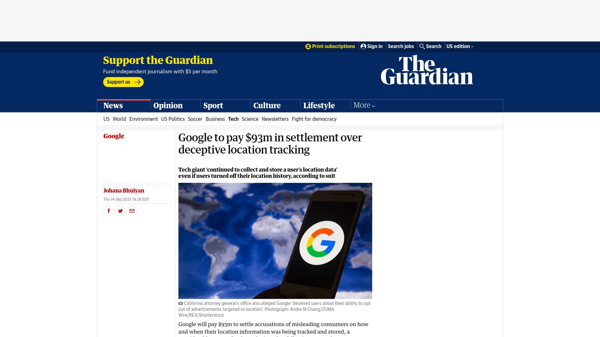 Screenshot of theguardian.com: Google to pay $93M in settlement over deceptive location tracking