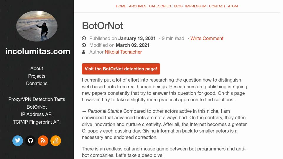 Screenshot of incolumitas.com: BotOrNot (2021)