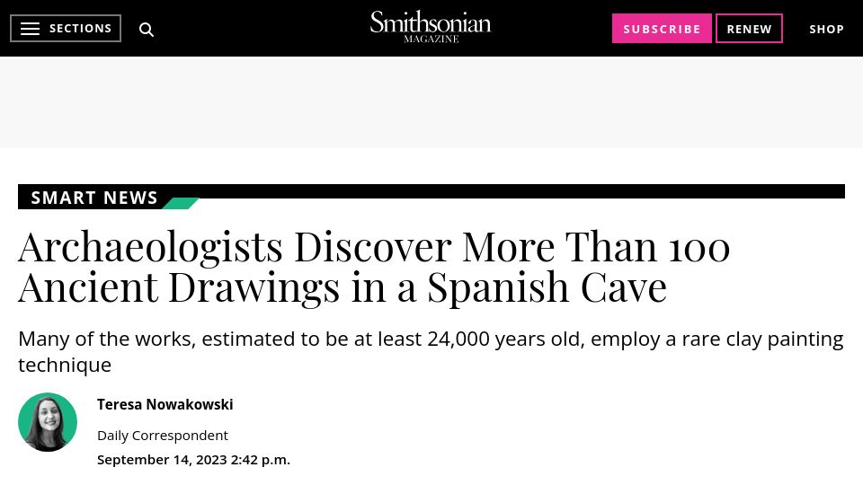 Screenshot of smithsonianmag.com: Archaeologists discover ancient drawings in a Spanish cave