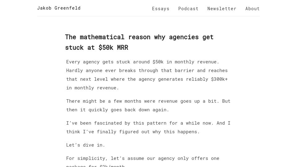 Screenshot of jakobgreenfeld.com: Why agencies get stuck at $50k MRR
