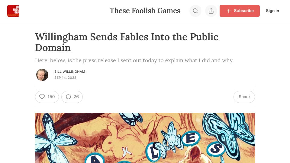 Screenshot of billwillingham.substack.com: Willingham sends Fables into the public domain