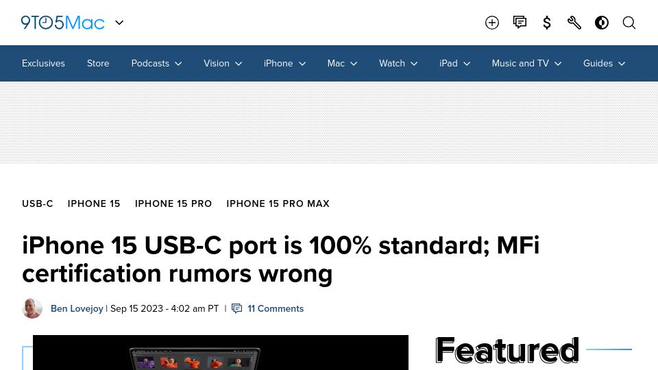 Screenshot of 9to5mac.com: iPhone 15 USB-C port is 100% standard; MFi certification rumors wrong