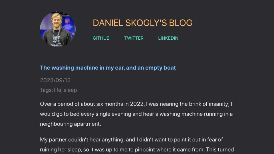 Screenshot of blog.klungo.no: The washing machine in my ear, and an empty boat
