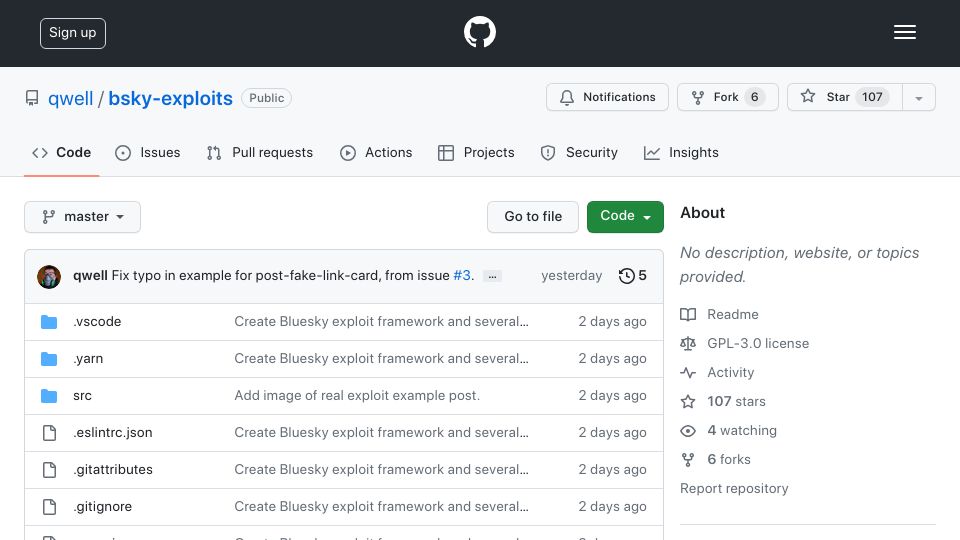 Screenshot of github.com: Bluesky Exploits