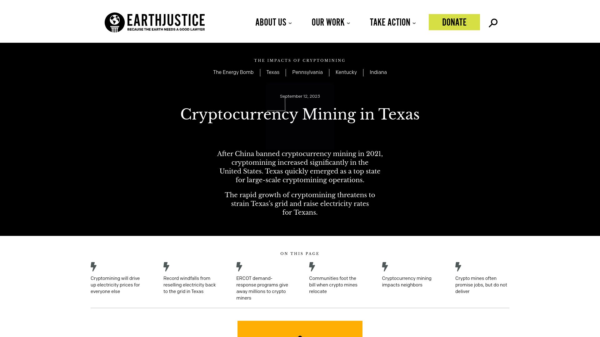 Screenshot of earthjustice.org: Cryptocurrency Mining in Texas