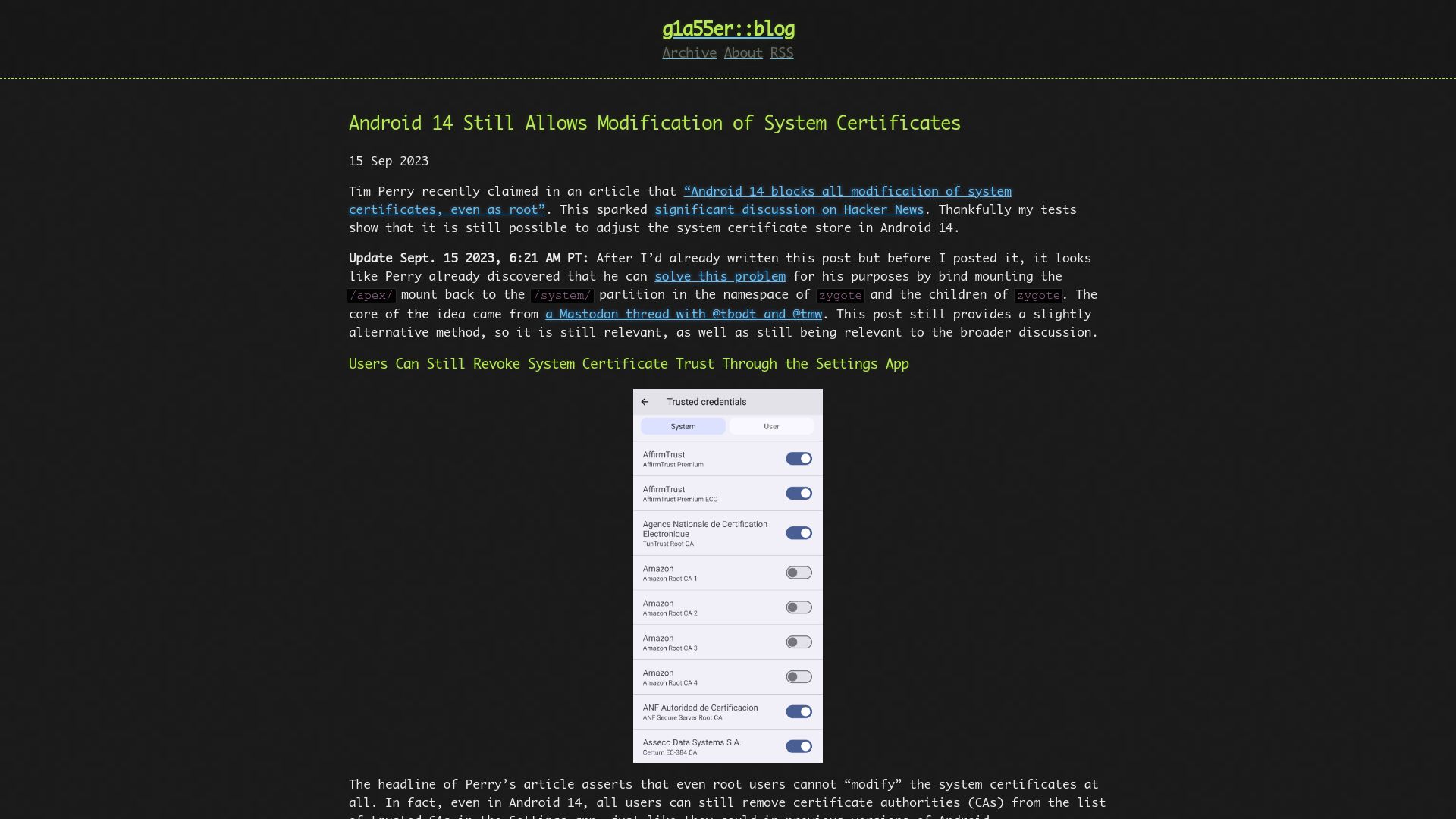 Screenshot of g1a55er.net: Yes, Android 14 still allows modification of system certificates