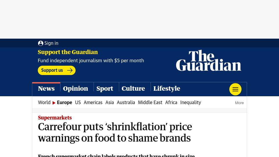 Screenshot of theguardian.com: Carrefour puts ‘shrinkflation’ price warnings on food to shame brands