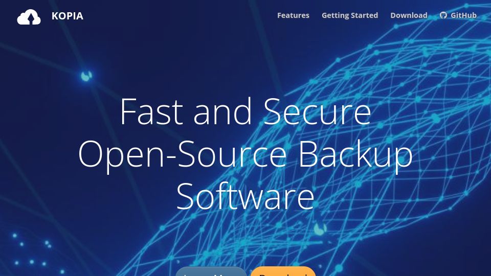 Screenshot of kopia.io: Kopia: Fast and secure open-source backup software