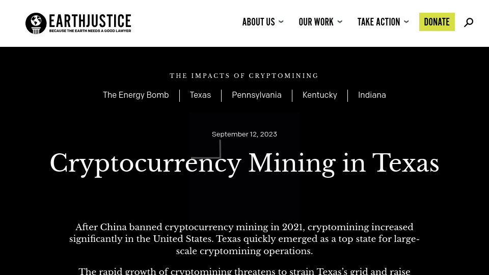 Screenshot of earthjustice.org: Cryptocurrency Mining in Texas