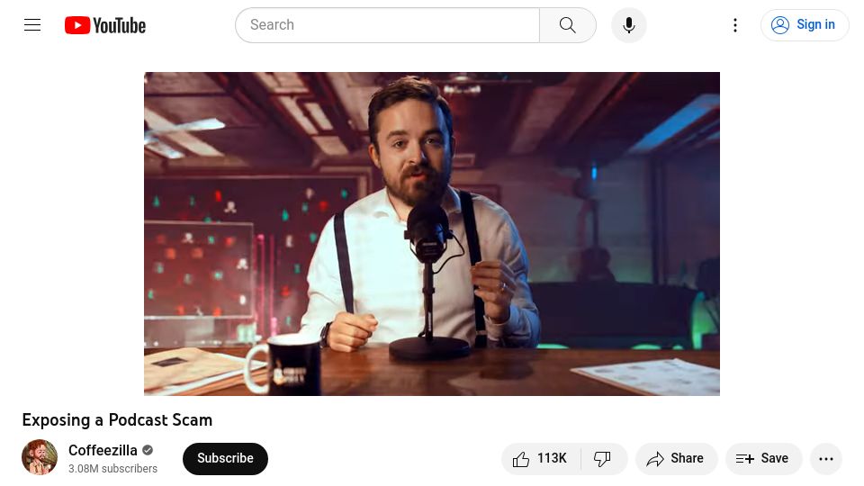 Screenshot of youtube.com: Exposing a Podcast Scam [video]