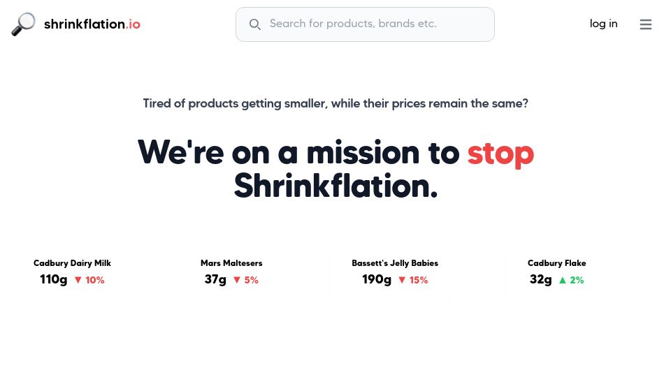 Screenshot of shrinkflation.io: Shrinkflation Tracker