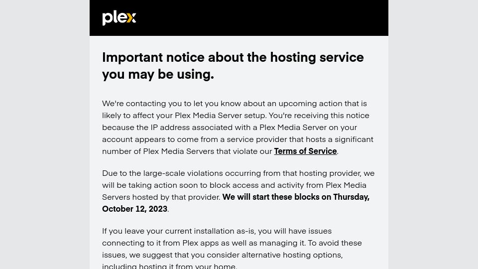 Screenshot of links.plex.tv: Plex to block all servers hosted at Hetzner