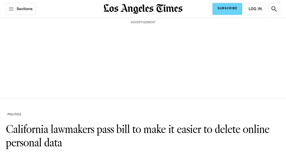 Screenshot of latimes.com: California passes bill to make it easier to delete data from data brokers