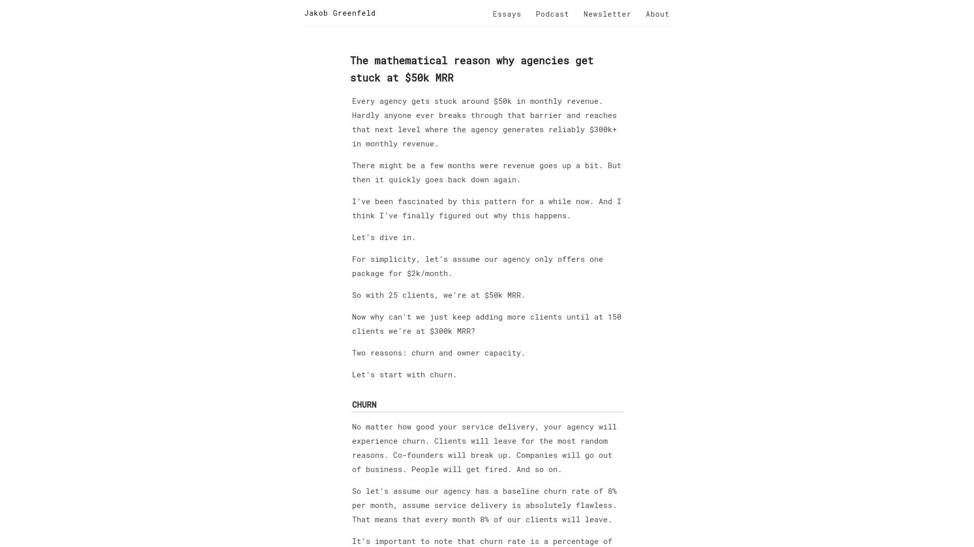 Screenshot of jakobgreenfeld.com: Why agencies get stuck at $50k MRR