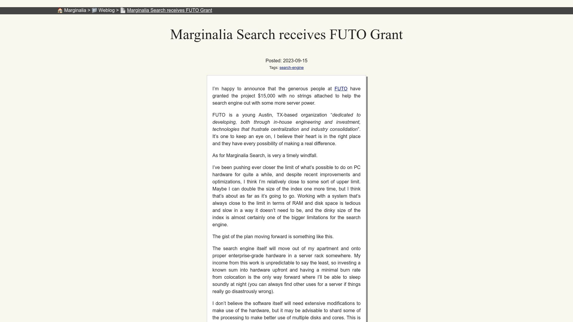 Screenshot of marginalia.nu: Marginalia Search Receives FUTO Grant