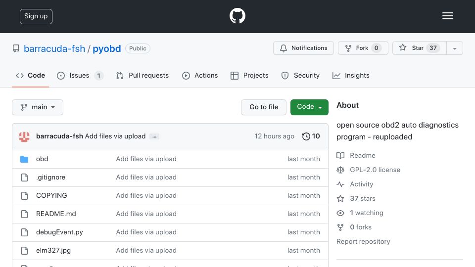 Screenshot of github.com: Pyobd - a free and open source program for car diagnostics