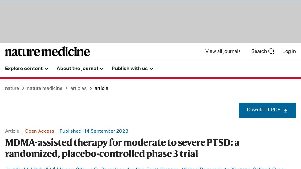 Screenshot of nature.com: MDMA-assisted therapy for PTSD: A randomized, placebo-controlled phase 3 trial