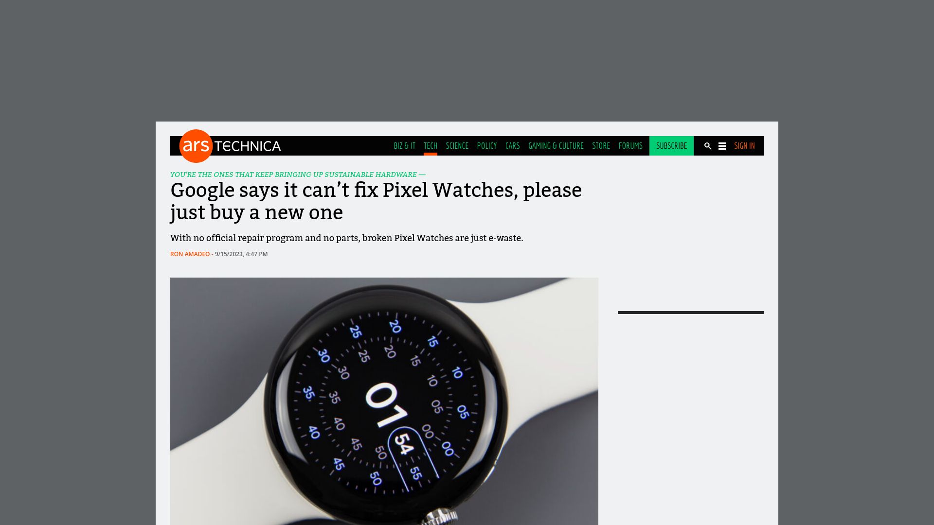 Screenshot of arstechnica.com: Google says it can’t fix Pixel Watches, please just buy a new one