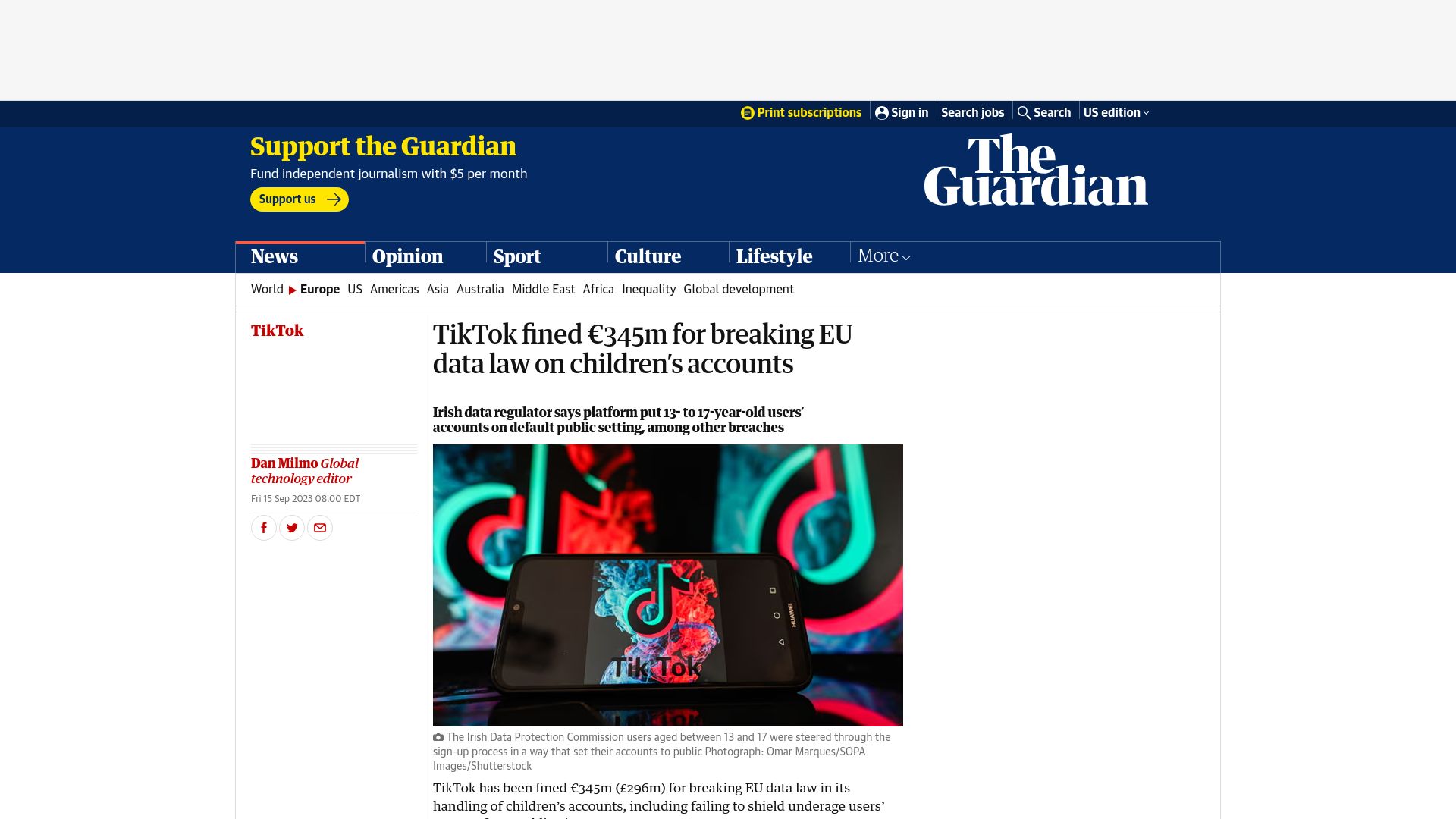 Screenshot of theguardian.com: TikTok fined €345M for breaking EU data law on children’s accounts