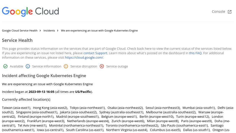 Screenshot of status.cloud.google.com: Global Google Kubernetes Engine Outage
