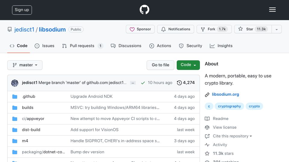 Screenshot of github.com: Libsodium: A modern, portable, easy to use crypto library