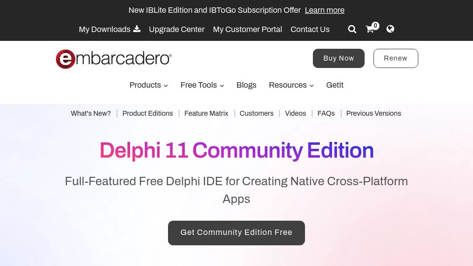 Screenshot of embarcadero.com: Delphi 11 Community Edition