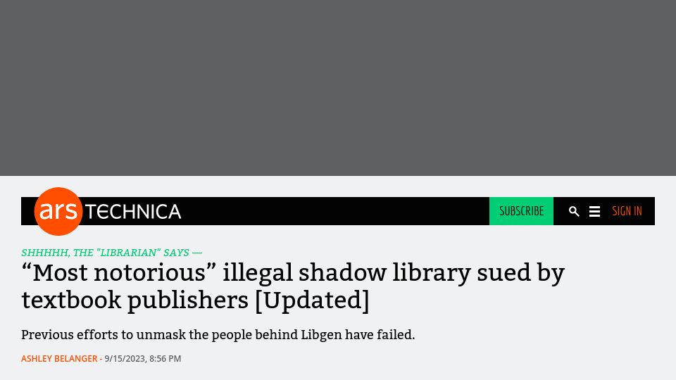 Screenshot of arstechnica.com: “Most notorious” illegal shadow library (LibGen) sued by textbook publishers