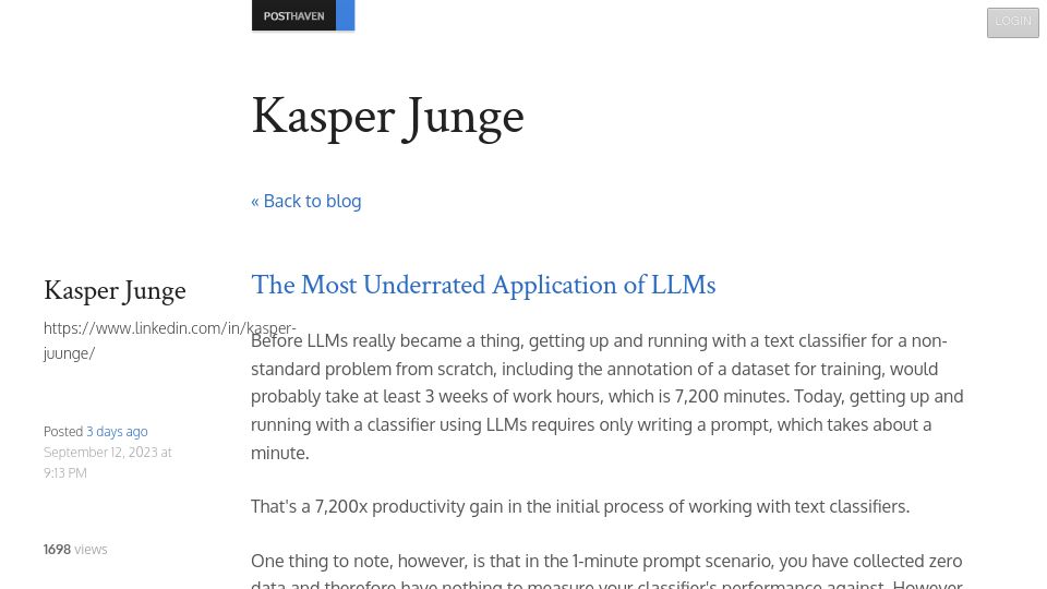 Screenshot of blog.kasperjunge.com: The Most Underrated Application of LLMs