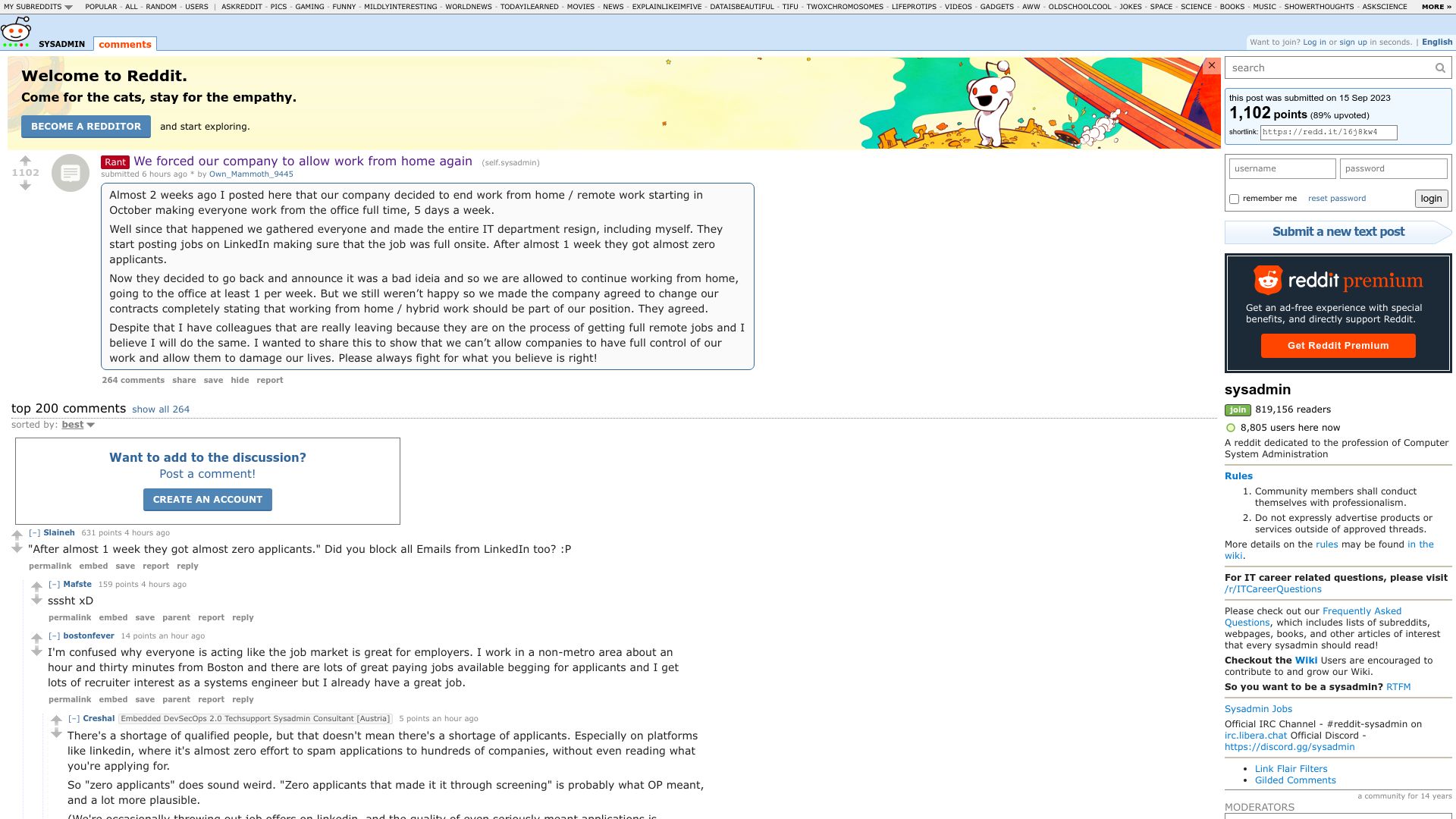 Screenshot of old.reddit.com: We forced our company to allow work from home again