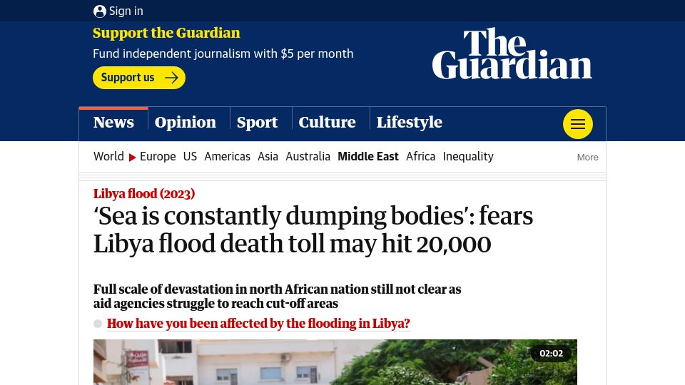 Screenshot of theguardian.com: ‘Sea is constantly dumping bodies’: fears Libya flood death toll may hit 20k
