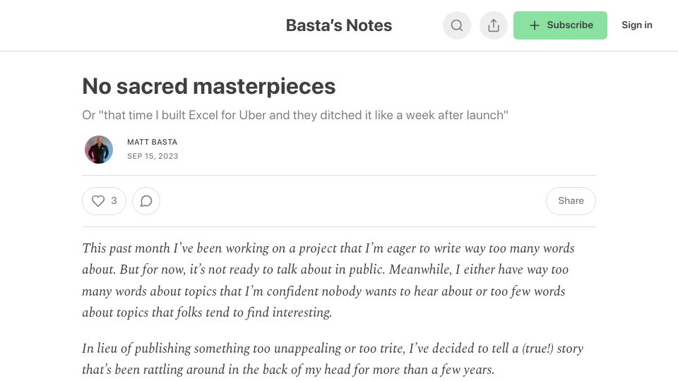Screenshot of basta.substack.com: I built Excel for Uber and they ditched it