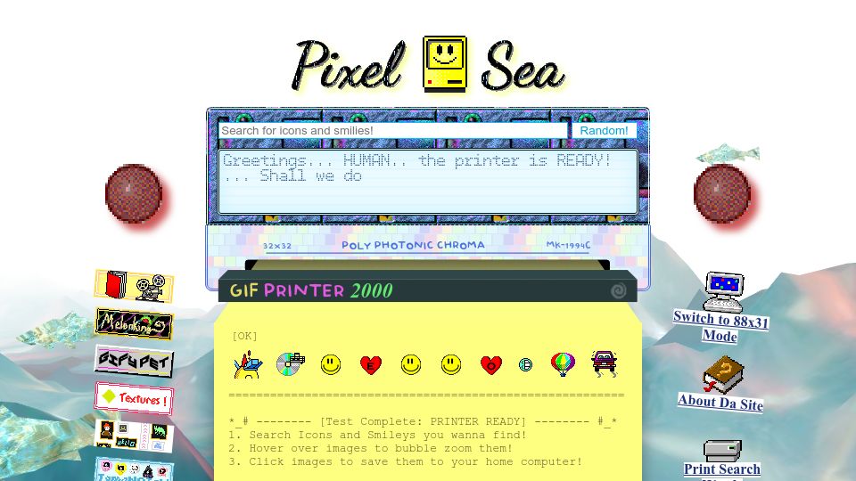 Screenshot of pixelsea.neocities.org: Pixel Sea: Search 88x31 badges and 32x32 icons