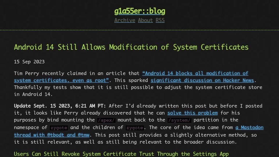 Screenshot of g1a55er.net: Yes, Android 14 still allows modification of system certificates