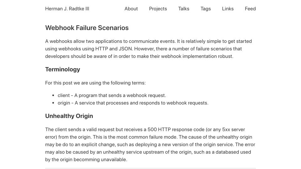 Screenshot of hermanradtke.com: Webhook Failure Scenarios
