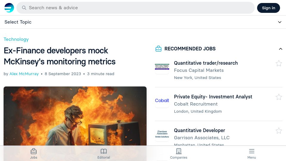 Screenshot of efinancialcareers.com: Ex-Finance developers mock McKinsey's monitoring metrics