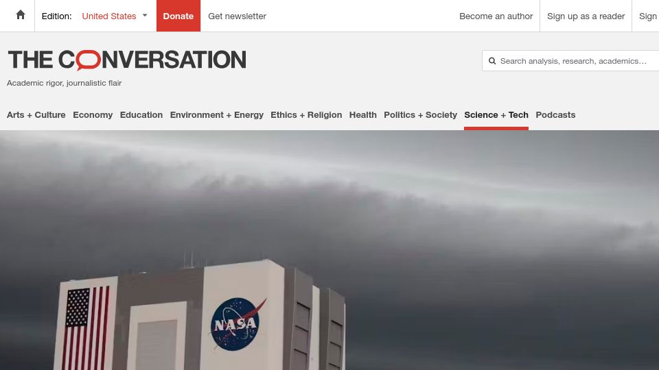 Screenshot of theconversation.com: NASA clears the air: No evidence that UFOs are aliens