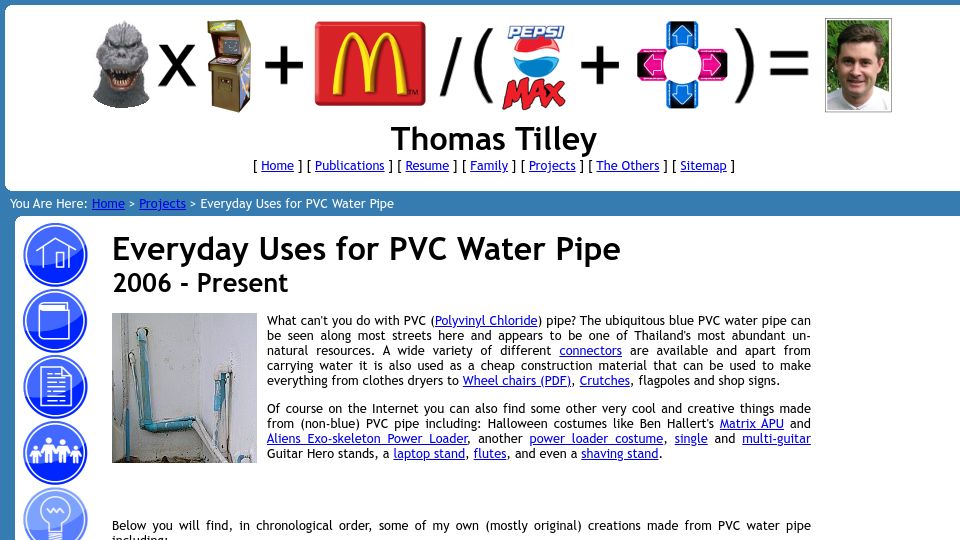 Screenshot of tomtilley.net: Everyday uses for PVC water pipe