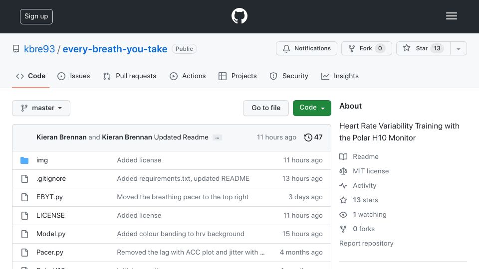 Screenshot of github.com: Show HN: Every Breath You Take – Heart Rate Variability Training