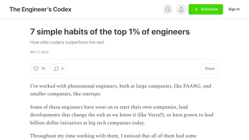 Screenshot of engineercodex.substack.com: Habits of top engineers