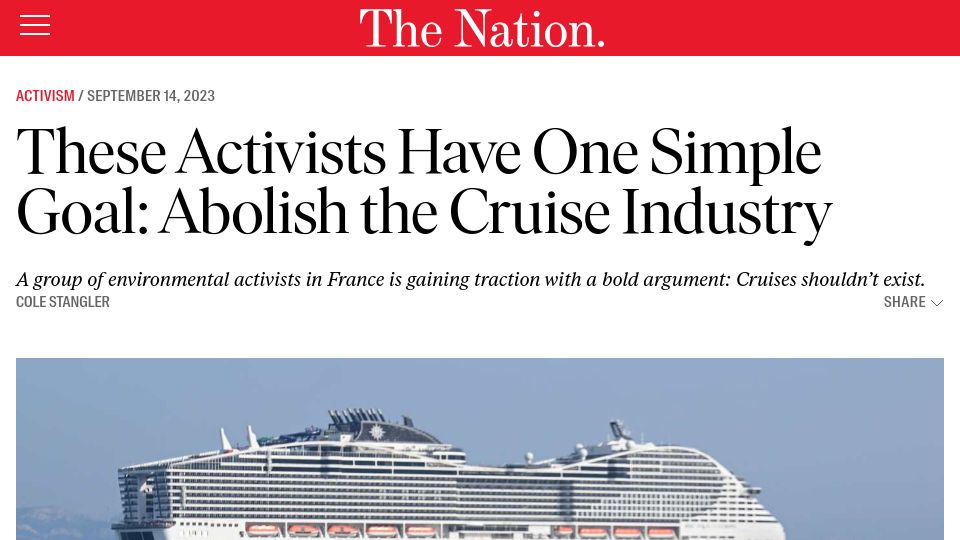 Screenshot of thenation.com: Activists Have One Simple Goal: Abolish the Cruise Industry