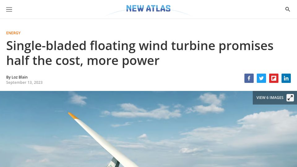 Screenshot of newatlas.com: Single-bladed floating wind turbine promises half the cost, more power