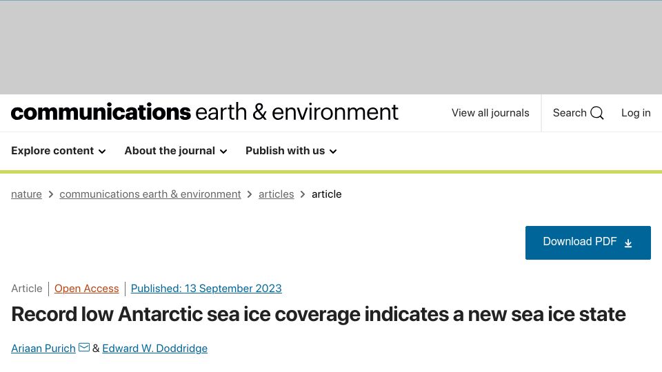 Screenshot of nature.com: Record low Antarctic sea ice coverage indicates a new sea ice state