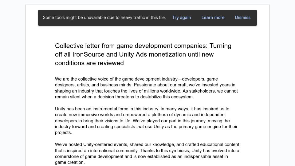 Screenshot of docs.google.com: Game developers turning off all IronSource and Unity Ads monetization