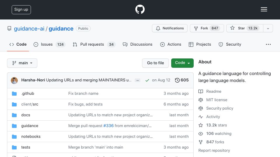 Screenshot of github.com: Guidance: A guidance language for controlling large language models