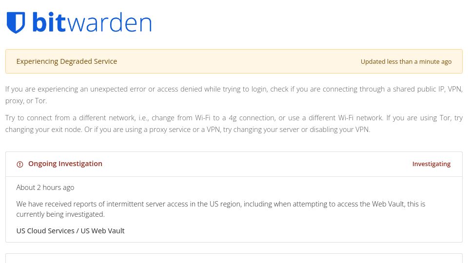 Screenshot of status.bitwarden.com: Bitwarden login down due to Azure outage