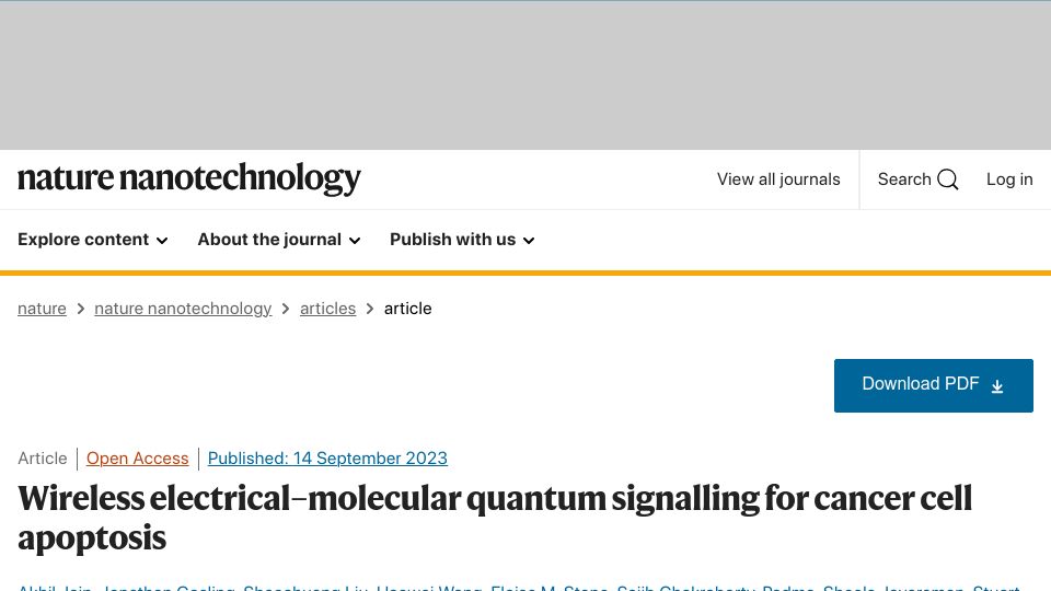 Screenshot of nature.com: Wireless electrical–molecular quantum signalling for cancer cell apoptosis