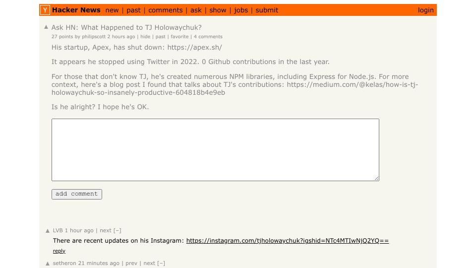 Screenshot of Hacker News post: Ask HN: What Happened to TJ Holowaychuk?