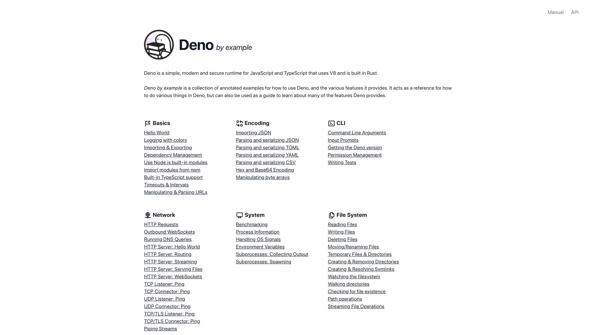 Screenshot of examples.deno.land: Deno by Example
